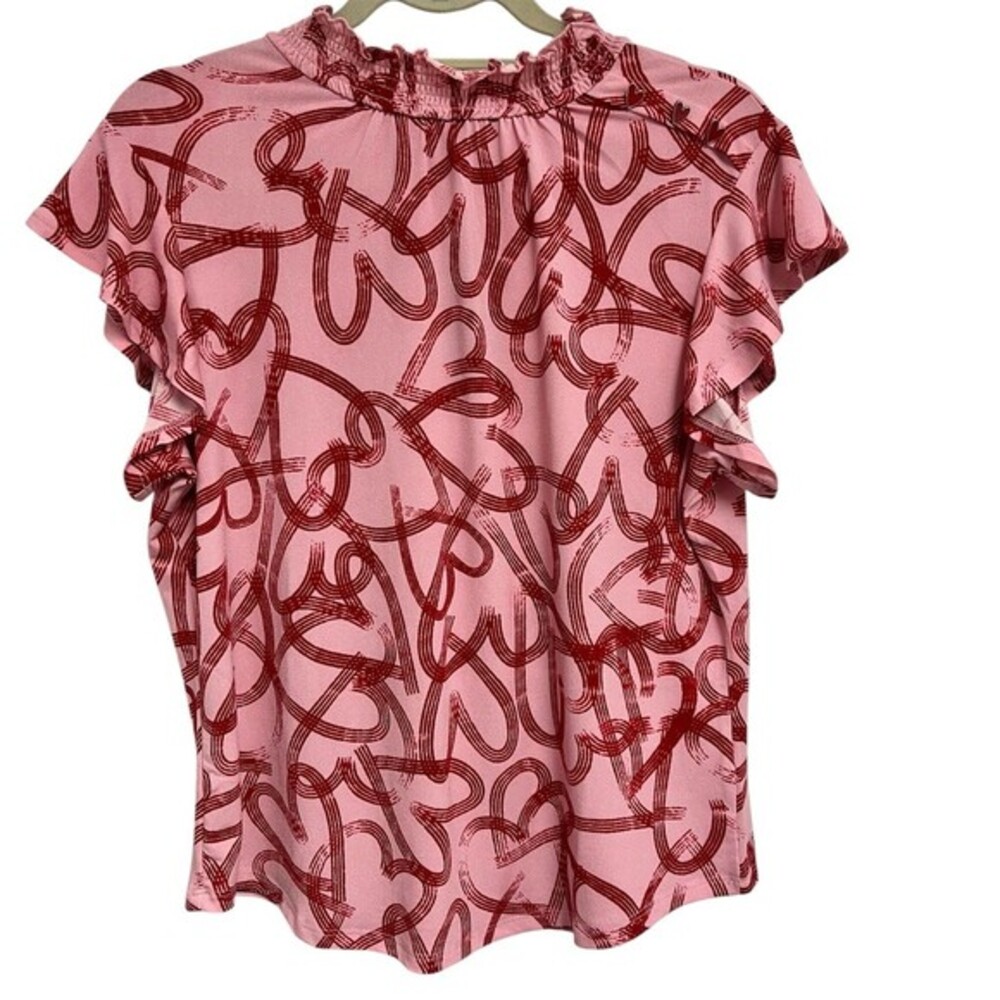 Adrienne Vittadini Blouse Womens M Pink with RedHeart  Print Smocked Mock Neck